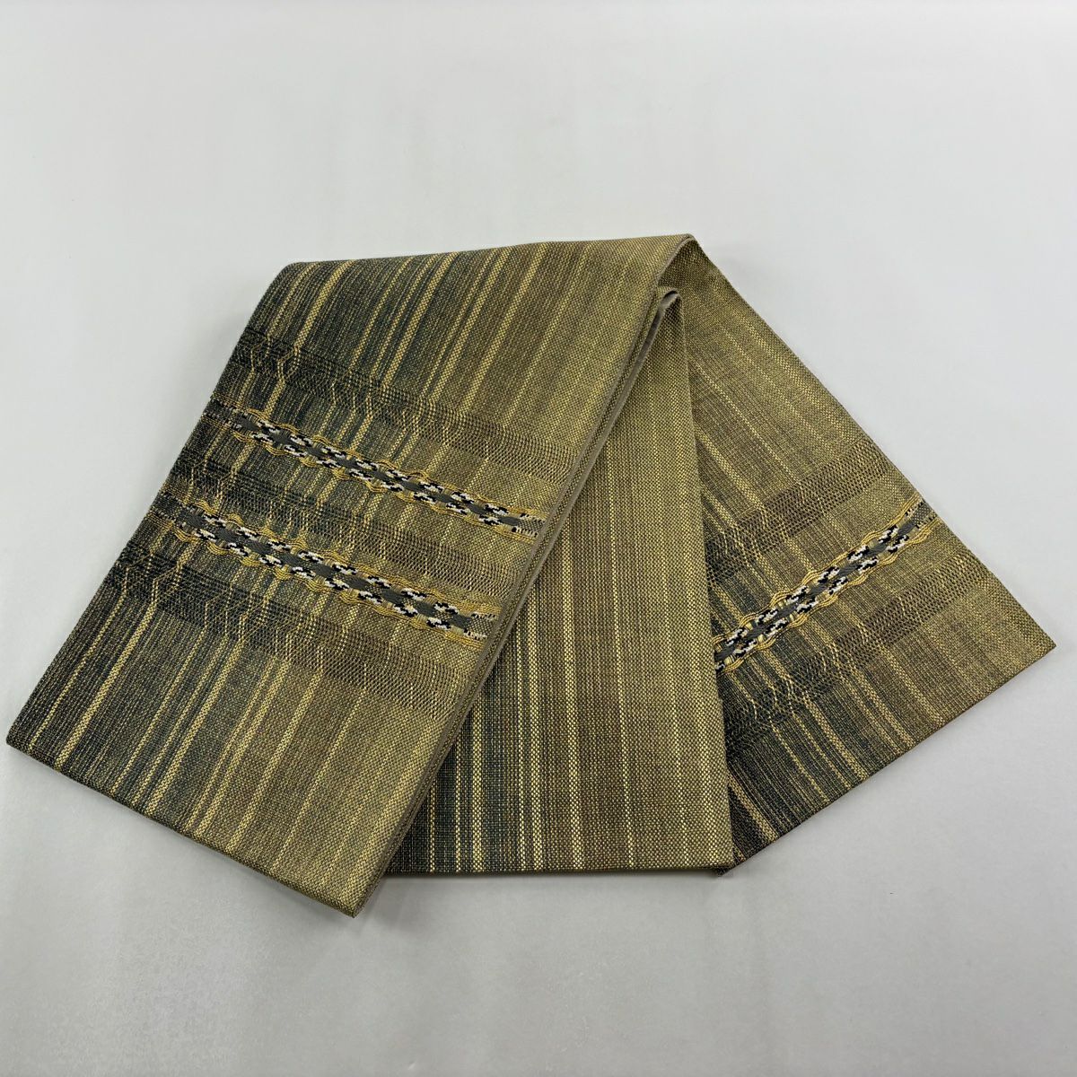 【美品】 袋帶 優品級 條紋 幾何圖案 金絲 金色 大鼓圖案 純蠶絲