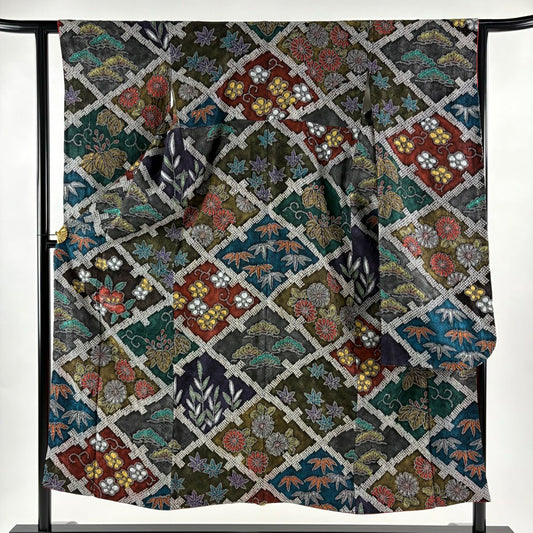 【美品】振袖禮服 身長150cm 袖長62cm S 雙層 ますいわ屋 松樹竹子梅花 桐 金銀彩 絞染 墨 黑 純蠶絲 逸品級