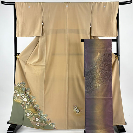 付下 身長166cm 袖長65.5cm M 雙層 袋帶套裝 草花紋紋 扇子子 金銀彩 漸層 淺茶 純蠶絲 優品級 三個紋樣