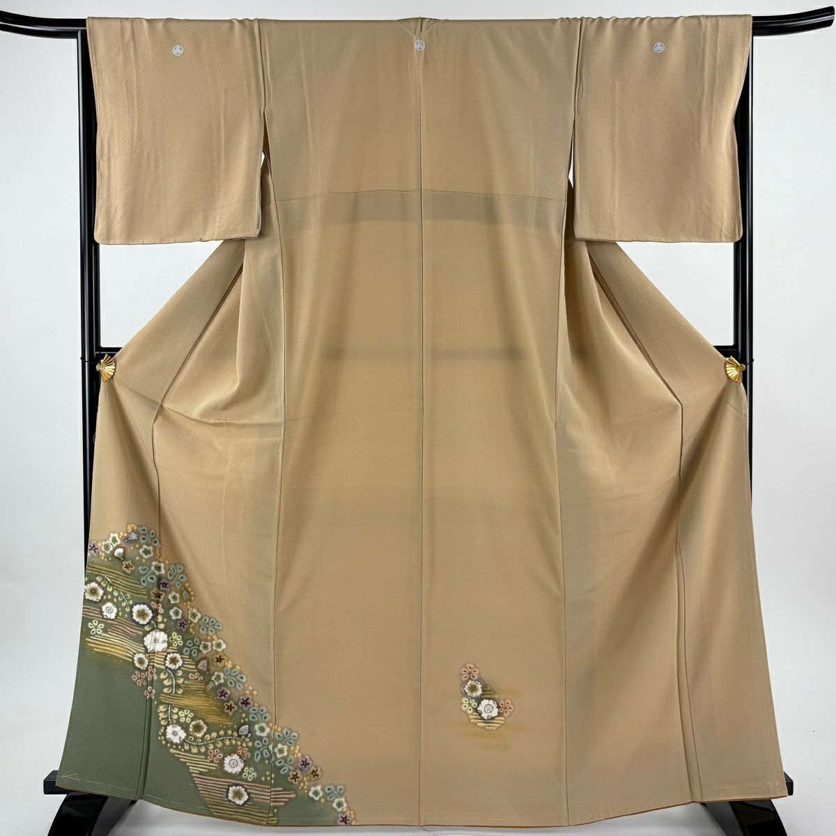 付下 身長166cm 袖長65.5cm M 雙層 袋帶套裝 草花紋紋 扇子子 金銀彩 漸層 淺茶 純蠶絲 優品級 三個紋樣