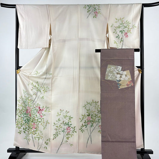 訪問服 身長160.5cm 袖長65.5cm M 雙層 袋帶套裝 葉與果實 刺繡 金線 淺粉色 純蠶絲 優品級