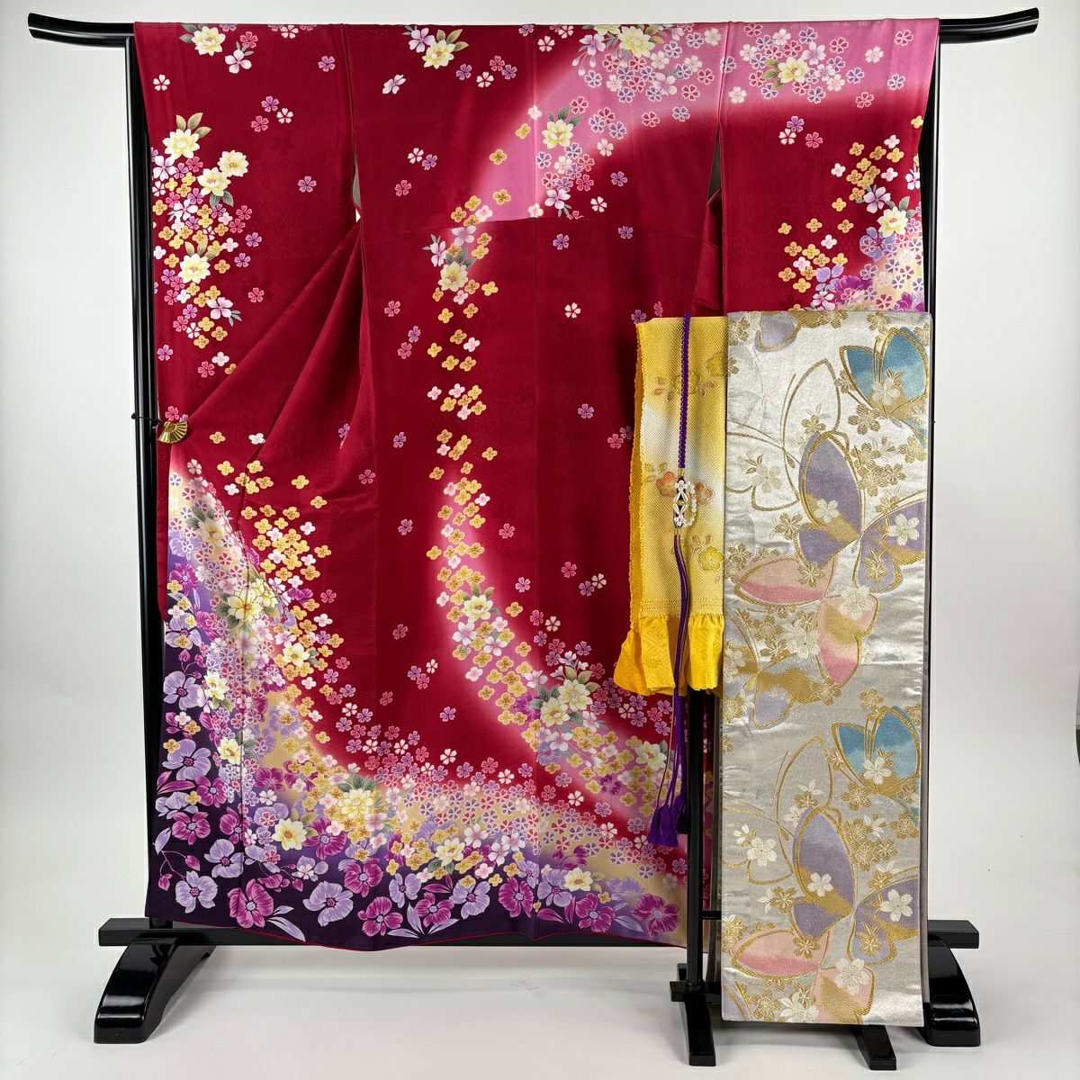 【美品】振袖禮服 身長159cm 袖長65.5cm M 雙層 袋帶全套 草花紋紋 金金箔 金彩裝飾 紅 純蠶絲 名品級