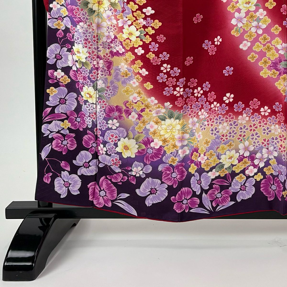 【美品】振袖禮服 身長159cm 袖長65.5cm M 雙層 袋帶全套 草花紋紋 金金箔 金彩裝飾 紅 純蠶絲 名品級