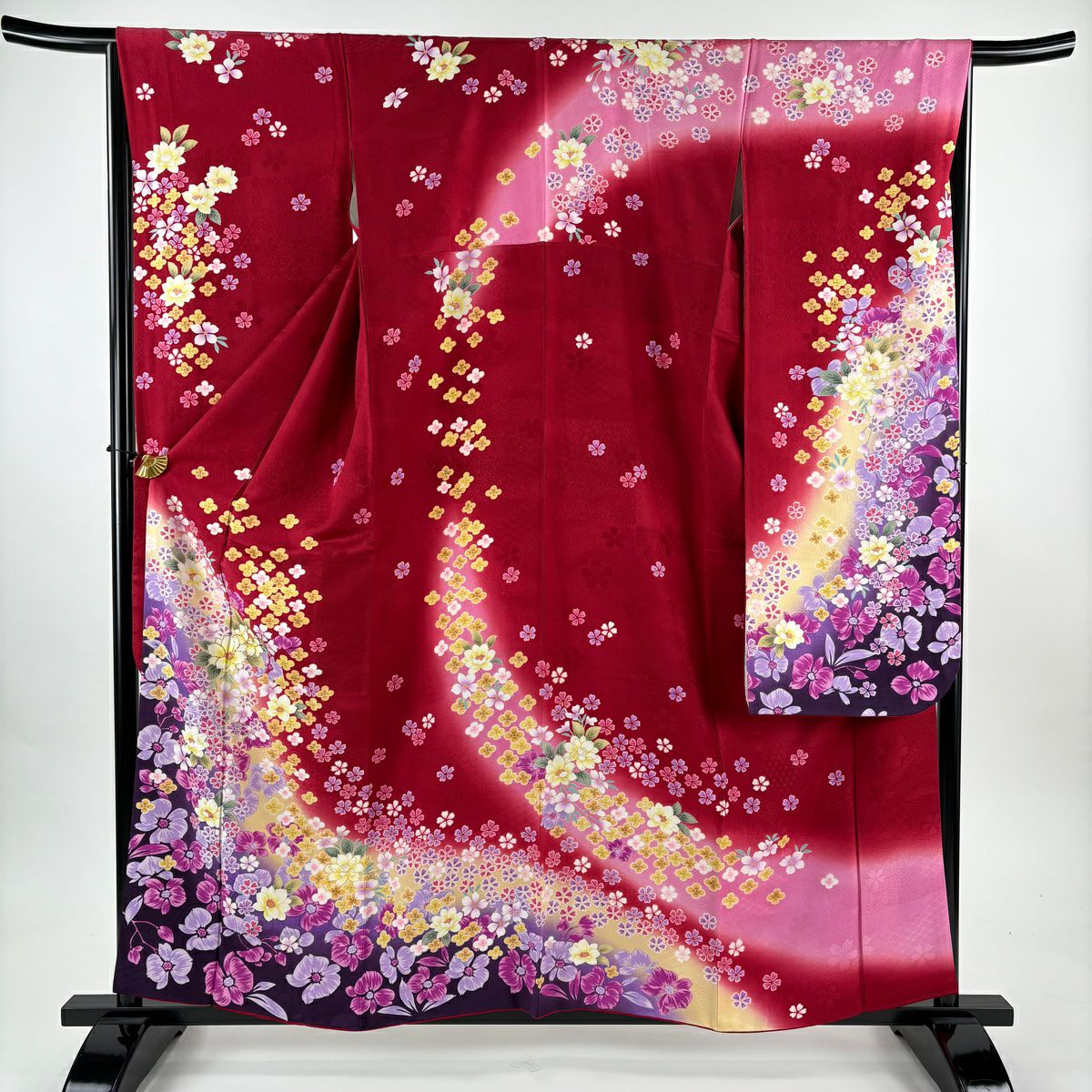 【美品】振袖禮服 身長159cm 袖長65.5cm M 雙層 袋帶全套 草花紋紋 金金箔 金彩裝飾 紅 純蠶絲 名品級