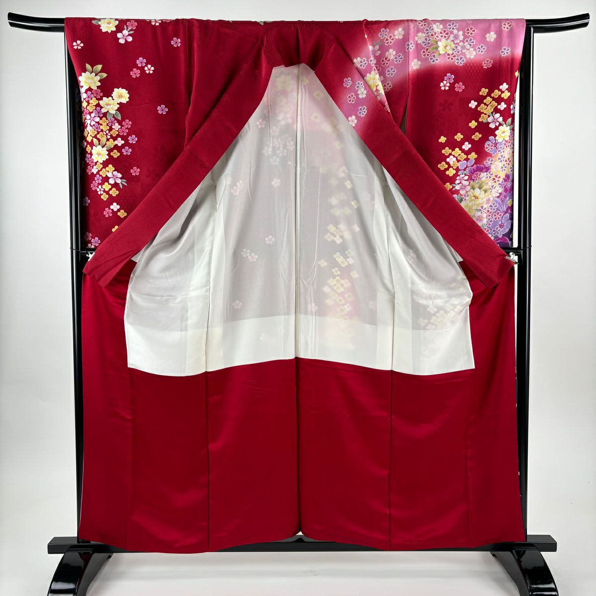 【美品】振袖禮服 身長159cm 袖長65.5cm M 雙層 袋帶全套 草花紋紋 金金箔 金彩裝飾 紅 純蠶絲 名品級