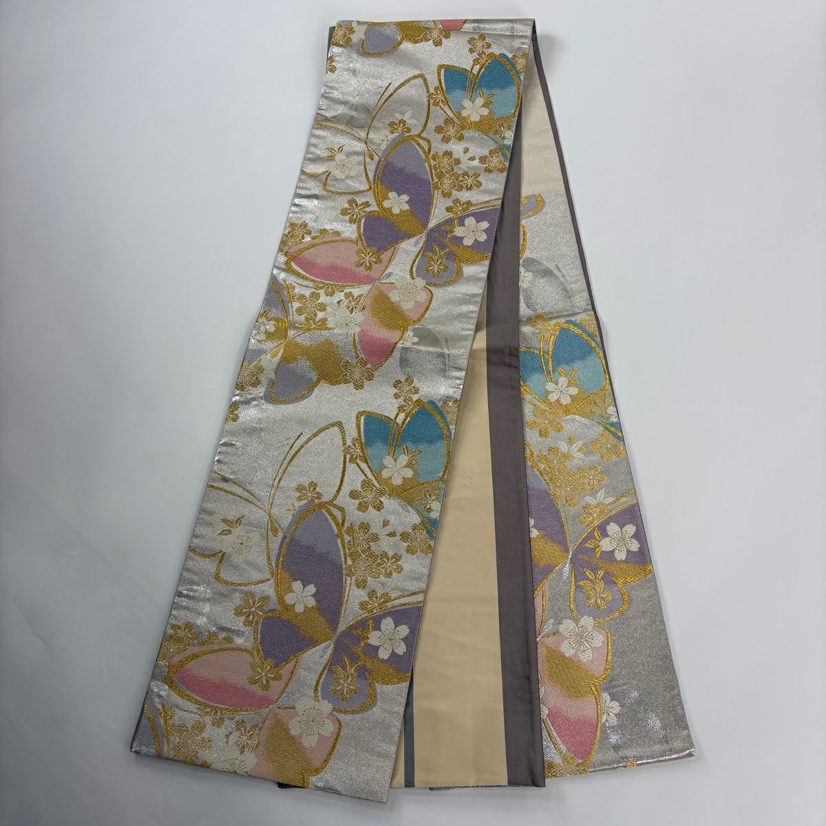【美品】振袖禮服 身長159cm 袖長65.5cm M 雙層 袋帶全套 草花紋紋 金金箔 金彩裝飾 紅 純蠶絲 名品級