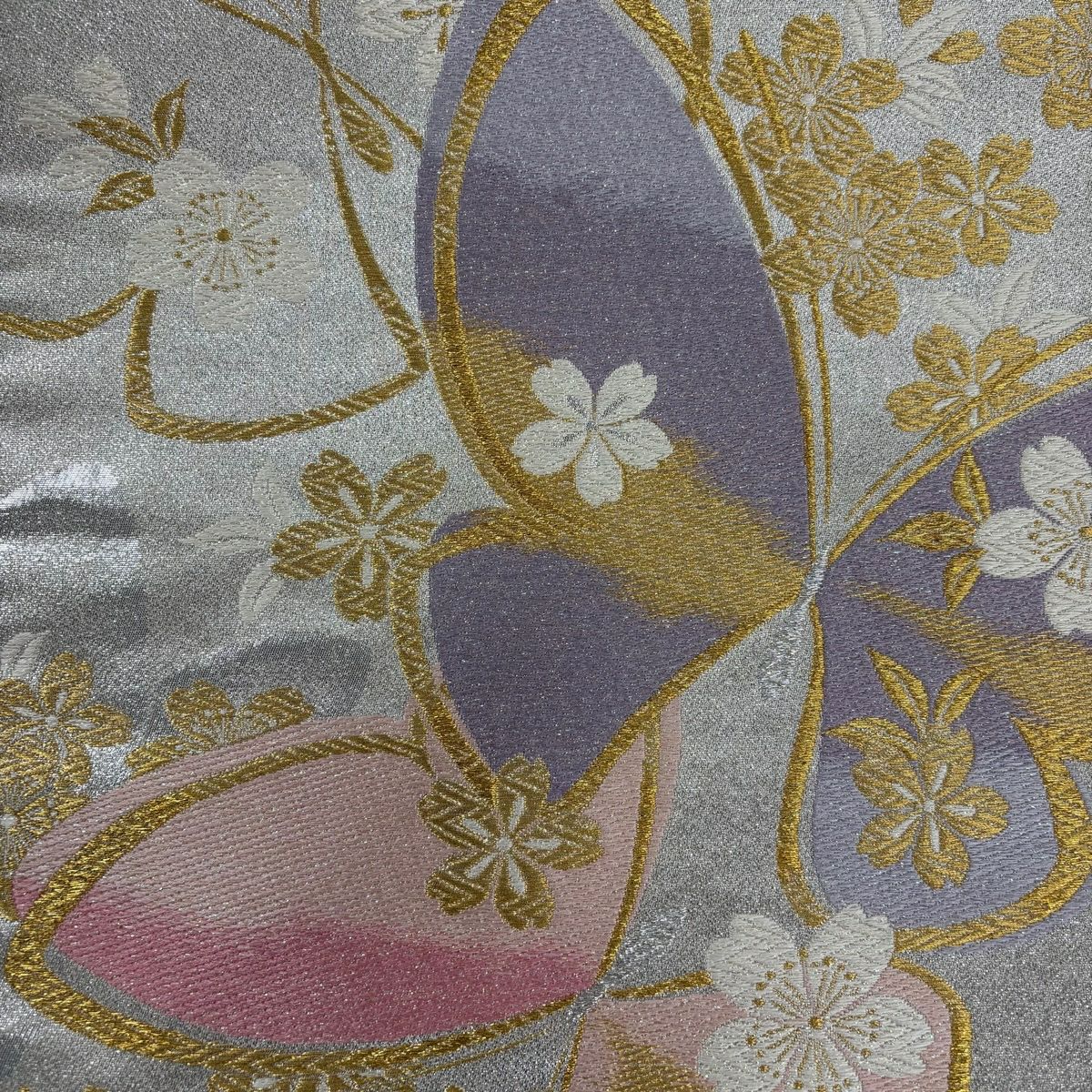 【美品】振袖禮服 身長159cm 袖長65.5cm M 雙層 袋帶全套 草花紋紋 金金箔 金彩裝飾 紅 純蠶絲 名品級