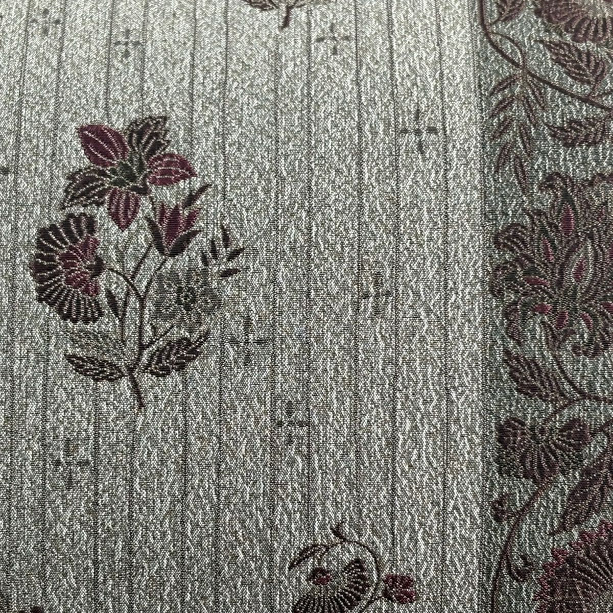 【美品】 袋帶 秀品級 花唐草紋 草花紋 金通 灰綠 六通 純蠶絲