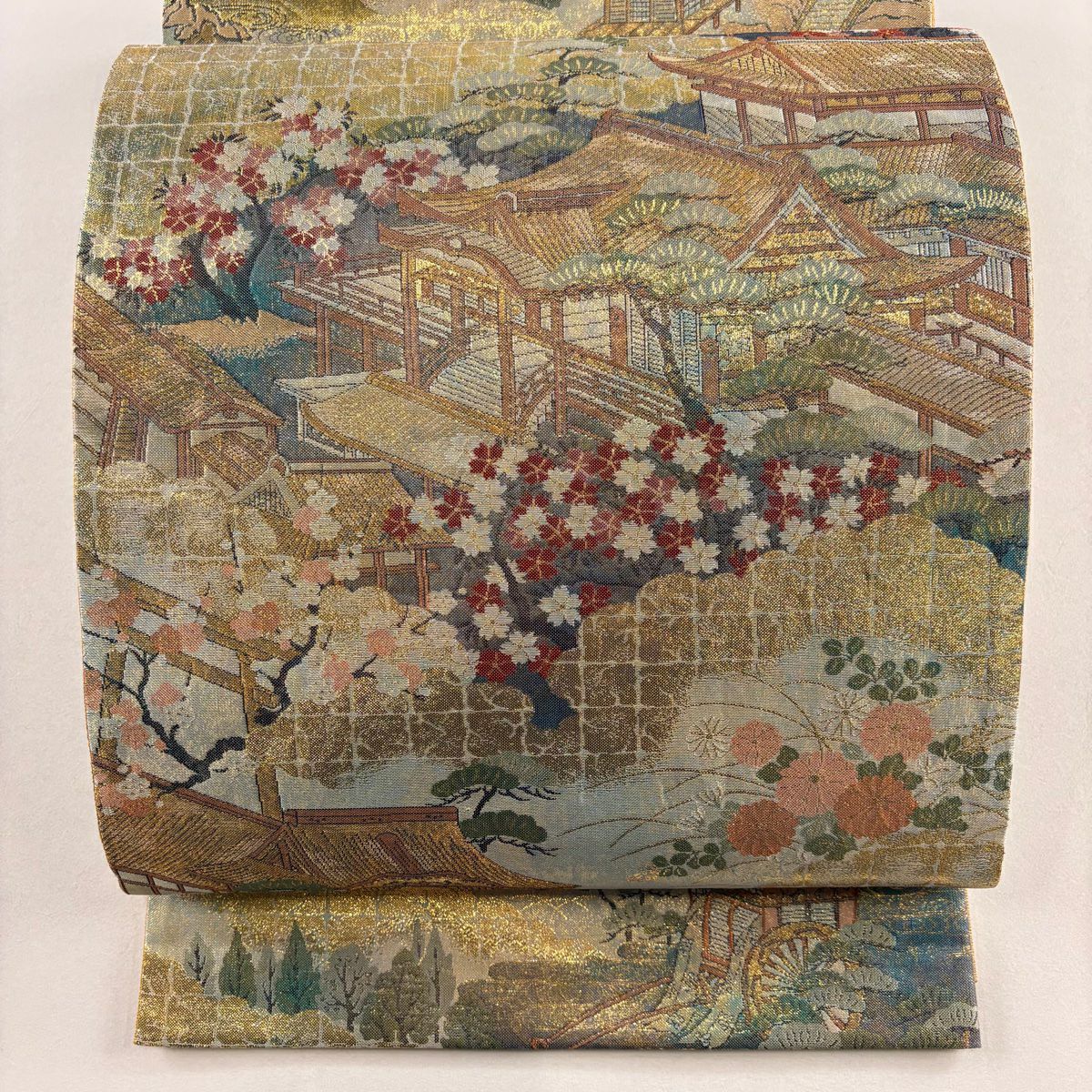 【美品】 袋帶 秀品級 建築 枝花 金金箔 金絲 金色 全通 純蠶絲
