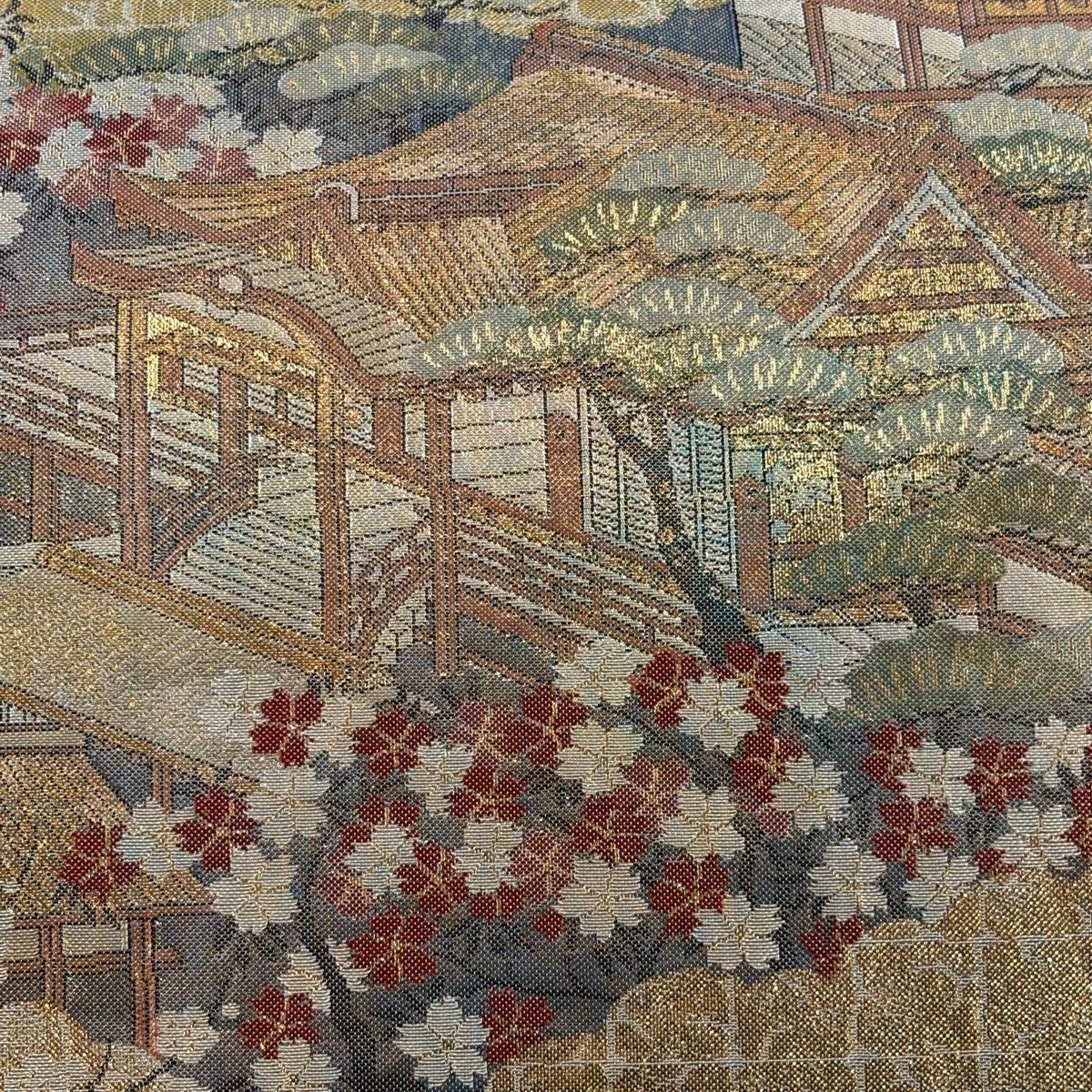 【美品】 袋帶 秀品級 建築 枝花 金金箔 金絲 金色 全通 純蠶絲