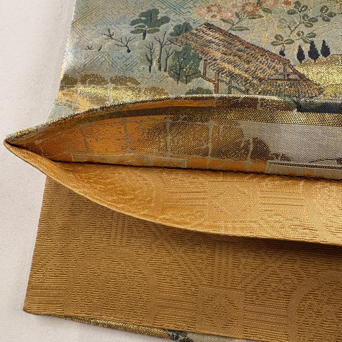 【美品】 袋帶 秀品級 建築 枝花 金金箔 金絲 金色 全通 純蠶絲