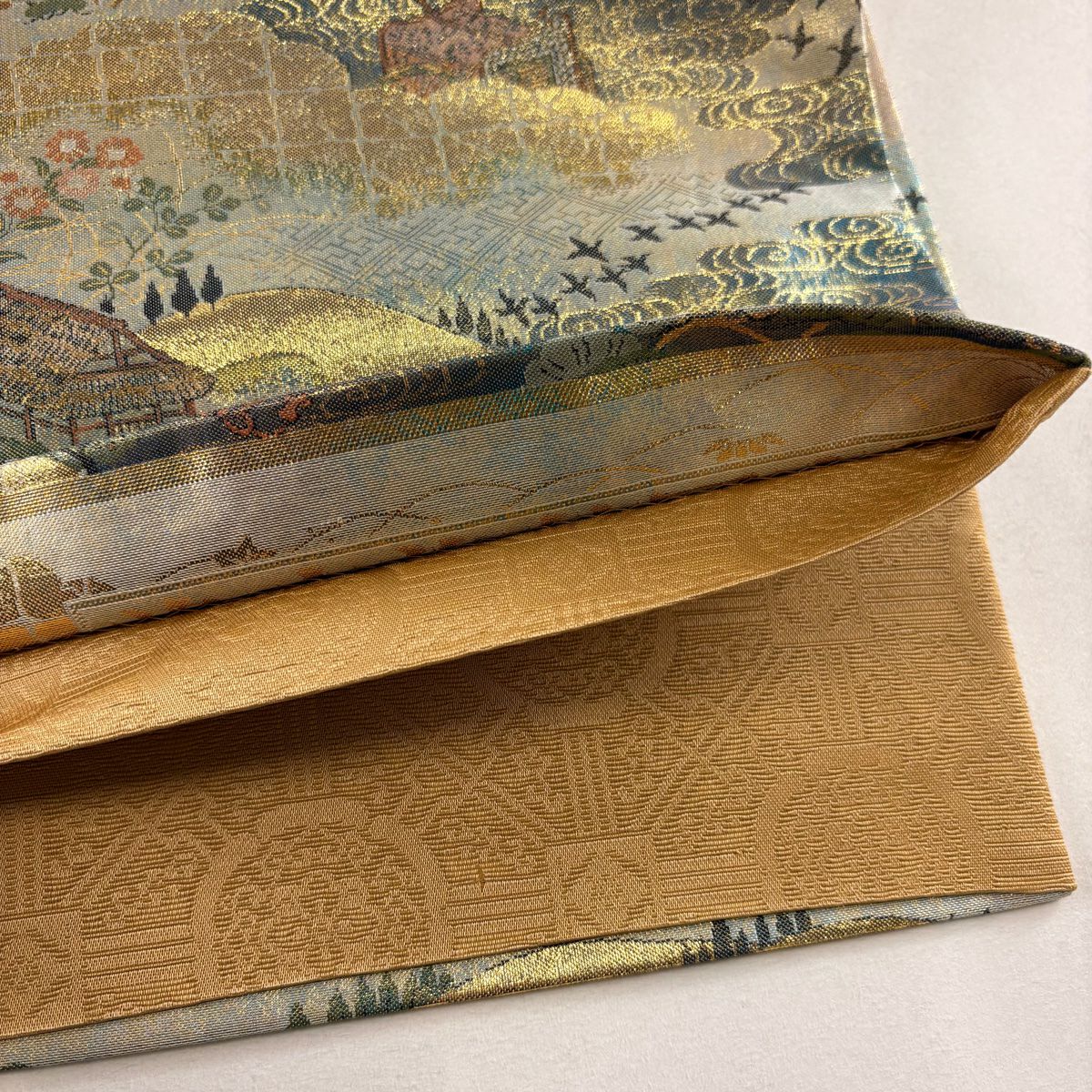 【美品】 袋帶 秀品級 建築 枝花 金金箔 金絲 金色 全通 純蠶絲