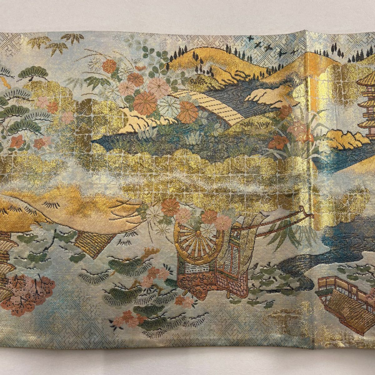 【美品】 袋帶 秀品級 建築 枝花 金金箔 金絲 金色 全通 純蠶絲