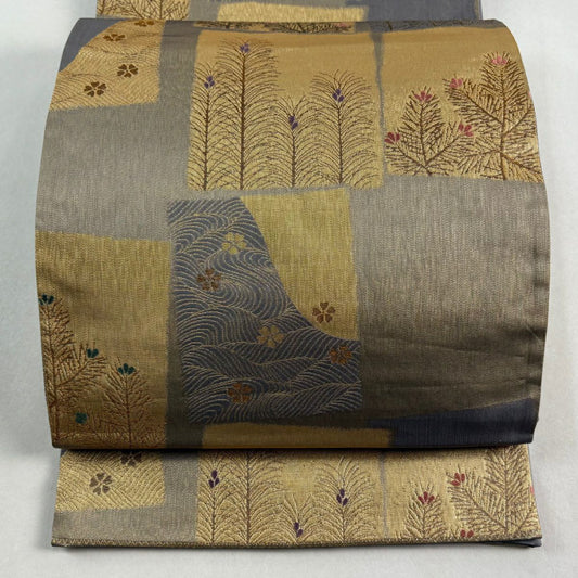 袋帶 秀品級 若松樹 小花 金糸 金金箔 灰紫 六通 純蠶絲