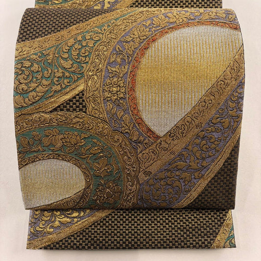 【美品】 袋帶 名品級 圖案花唐草紋 金銀彩 金金箔 墨色 六通 純蠶絲