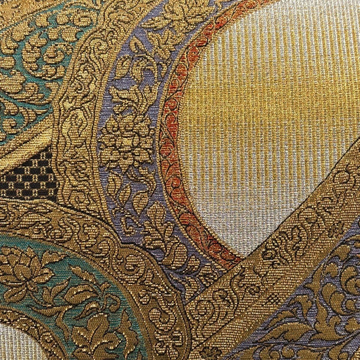 【美品】 袋帶 名品級 圖案花唐草紋 金銀彩 金金箔 墨色 六通 純蠶絲