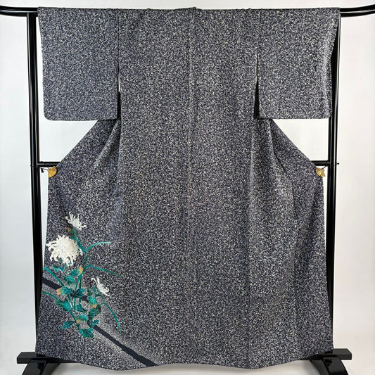 付下 身長161cm 袖長65cm M 雙層 菊花 金銀彩 黑灰 純蠶絲 優品級