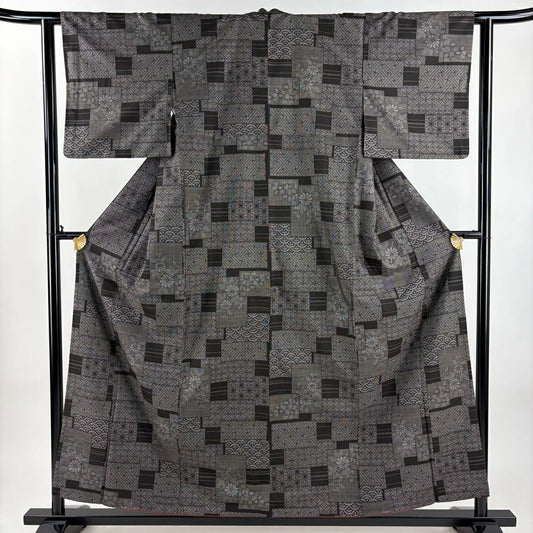 【美品】 紬織 身長157cm 袖長61.5cm S 雙層 菊花 有職紋 焦茶 純蠶絲 秀品級
