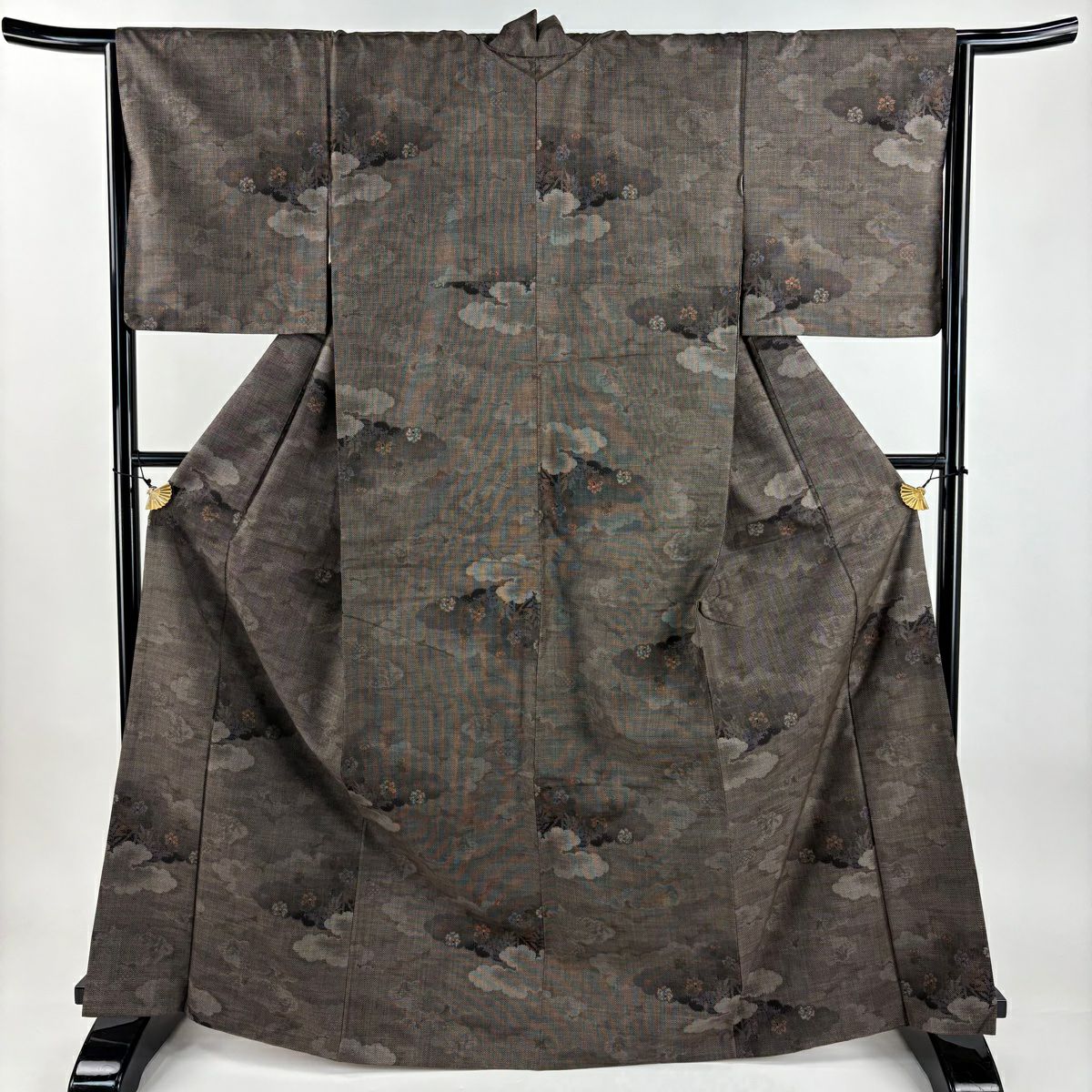 【美品】 紬織 身長167cm 袖長65cm M 雙層 雲文 草花紋紋 焦茶 純蠶絲 秀品級