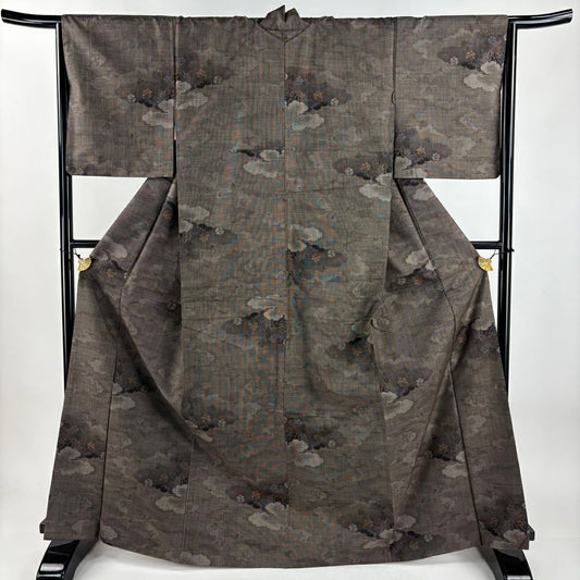 【美品】 紬織 身長167cm 袖長65cm M 雙層 雲文 草花紋紋 焦茶 純蠶絲 秀品級
