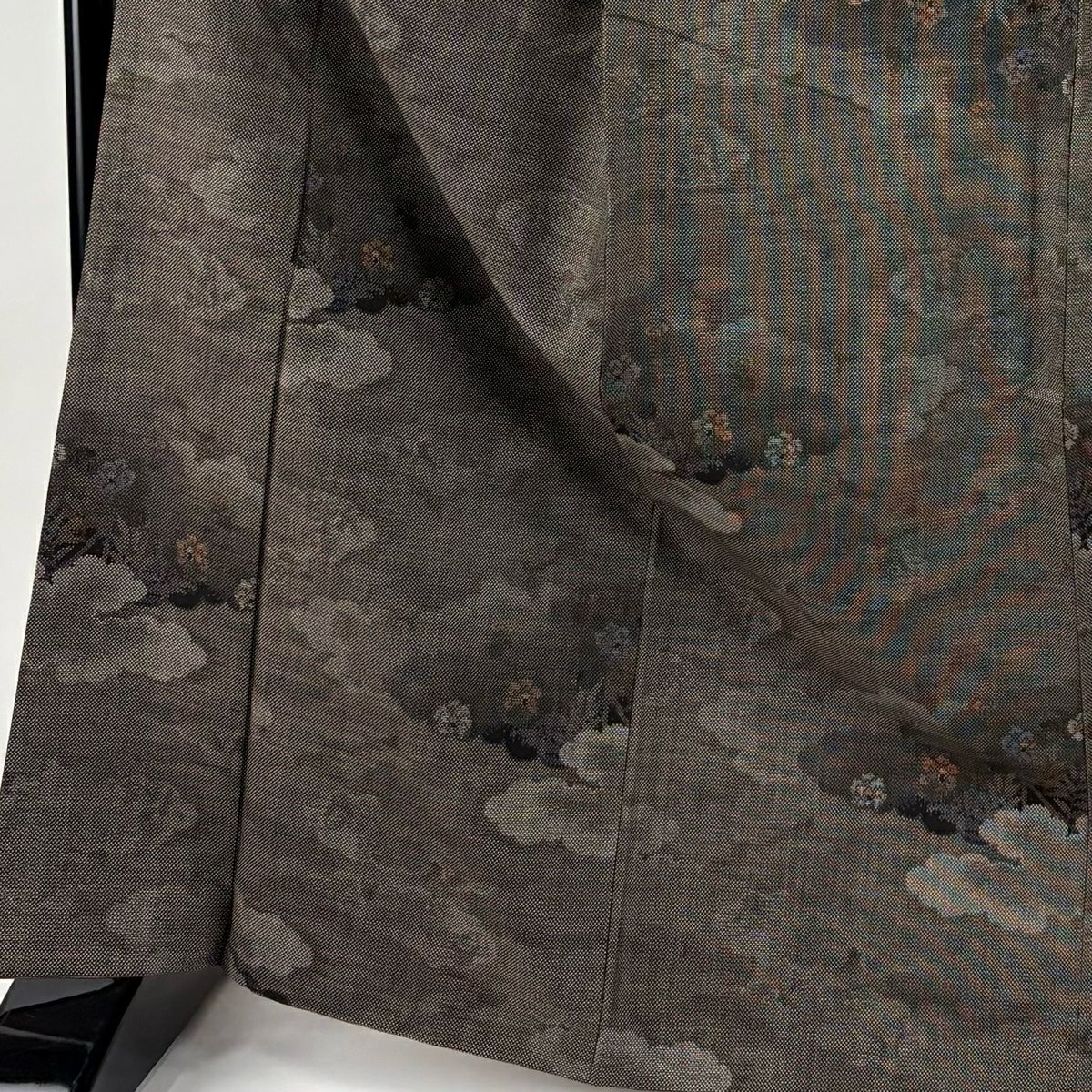 【美品】 紬織 身長167cm 袖長65cm M 雙層 雲文 草花紋紋 焦茶 純蠶絲 秀品級