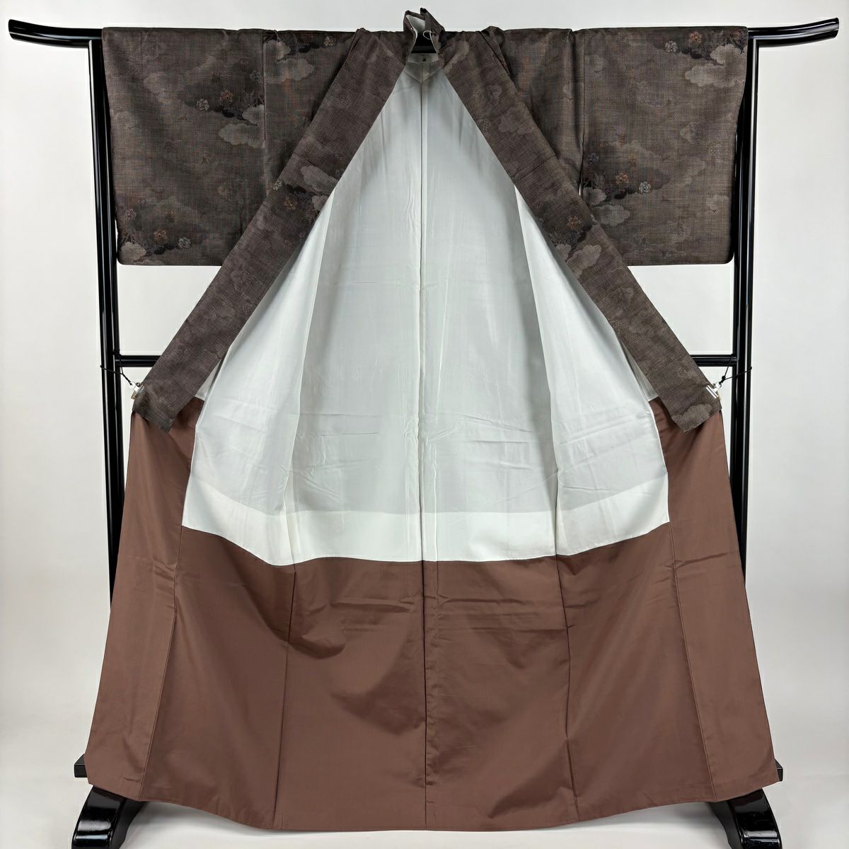 【美品】 紬織 身長167cm 袖長65cm M 雙層 雲文 草花紋紋 焦茶 純蠶絲 秀品級