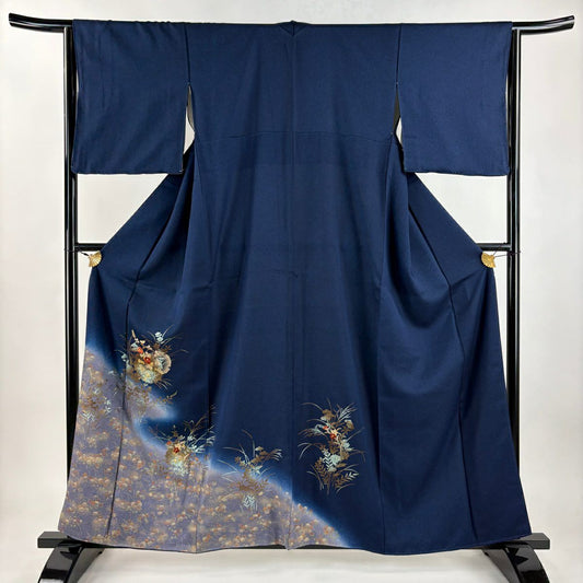 訪問服 身長159cm 袖長64.5cm M 雙層 雪輪 秋草 刺繡 金彩裝飾 深藍 純蠶絲 秀品級