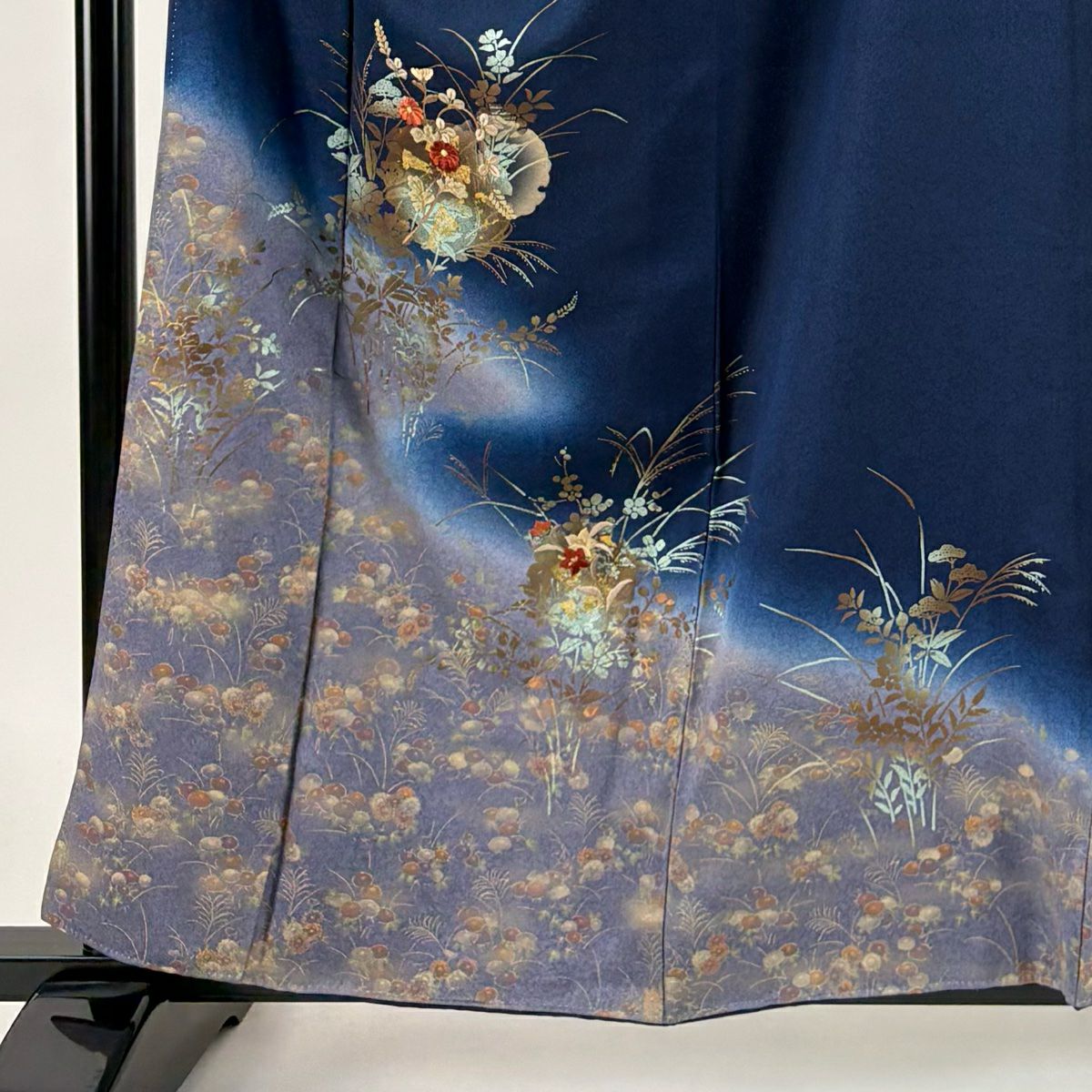 訪問服 身長159cm 袖長64.5cm M 雙層 雪輪 秋草 刺繡 金彩裝飾 深藍 純蠶絲 秀品級