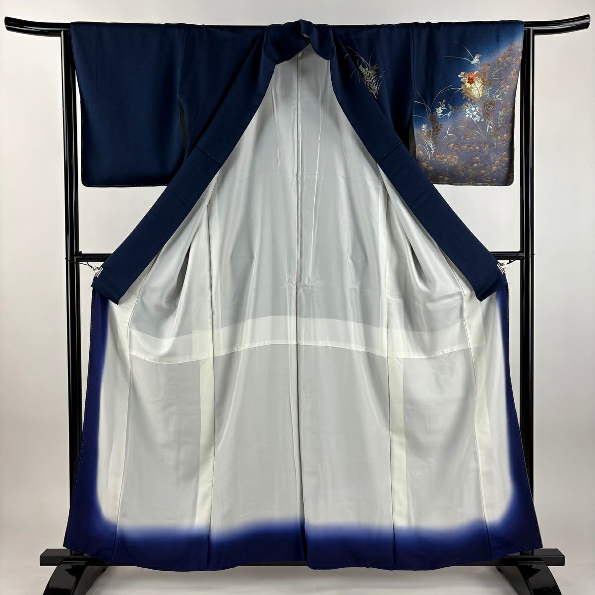 訪問服 身長159cm 袖長64.5cm M 雙層 雪輪 秋草 刺繡 金彩裝飾 深藍 純蠶絲 秀品級