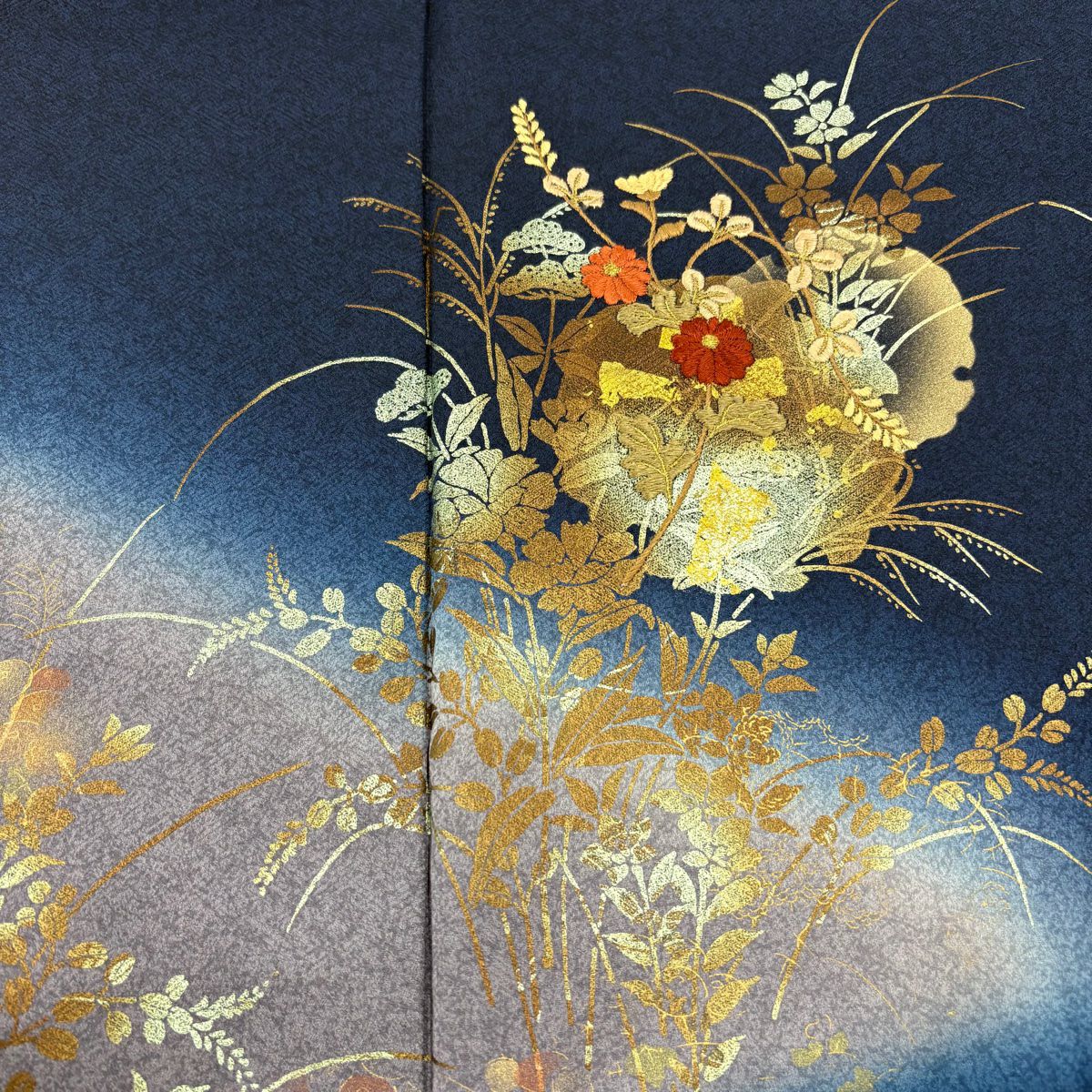 訪問服 身長159cm 袖長64.5cm M 雙層 雪輪 秋草 刺繡 金彩裝飾 深藍 純蠶絲 秀品級