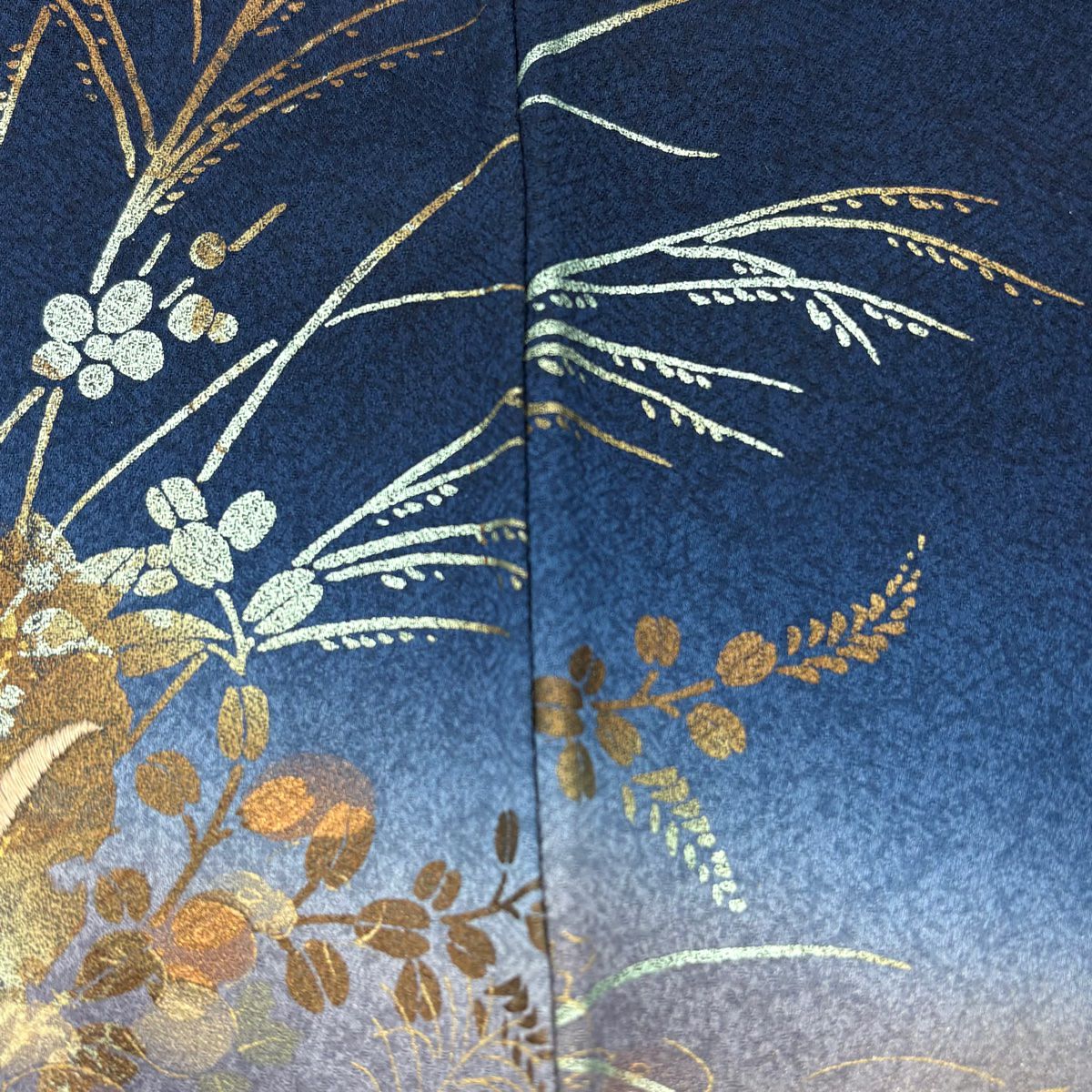 訪問服 身長159cm 袖長64.5cm M 雙層 雪輪 秋草 刺繡 金彩裝飾 深藍 純蠶絲 秀品級
