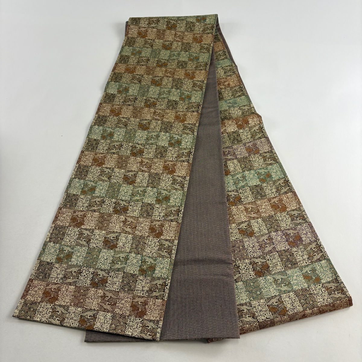 【美品】 袋帶 秀品級 仙鶴 蓑龜 金金箔 焦茶 六通 純蠶絲
