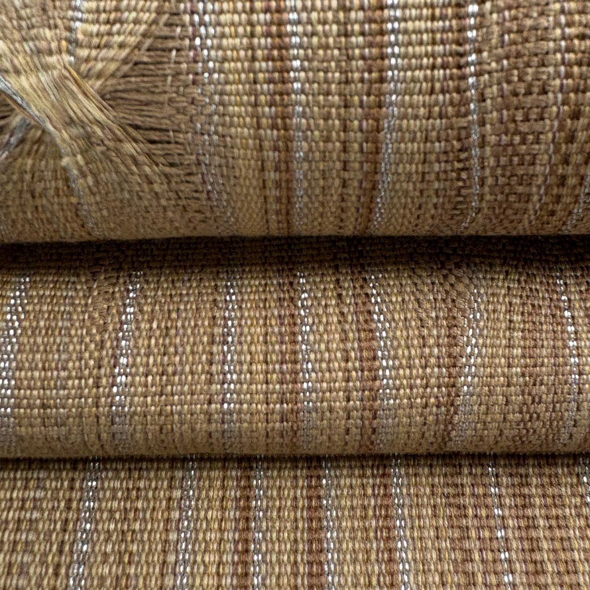 【美品】 名古屋帶 秀品級 八寸名古屋帶 縞 幾何學 銀線 薄茶 純蠶絲