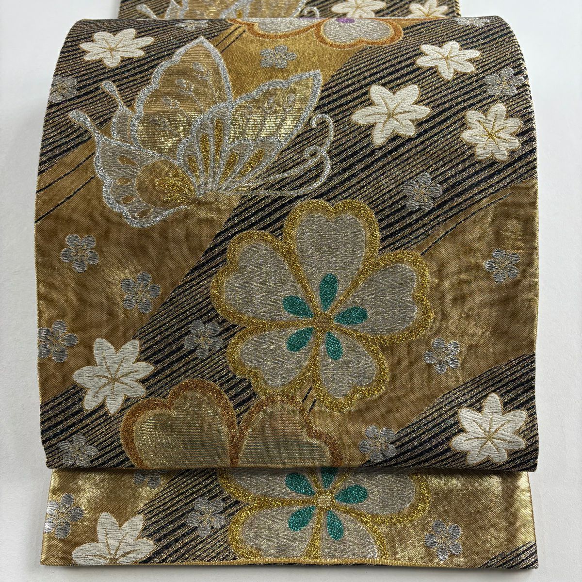 【美品】 袋帶 秀品級 櫻花 蝴蝶 唐織 金金箔 金色 六通 純蠶絲