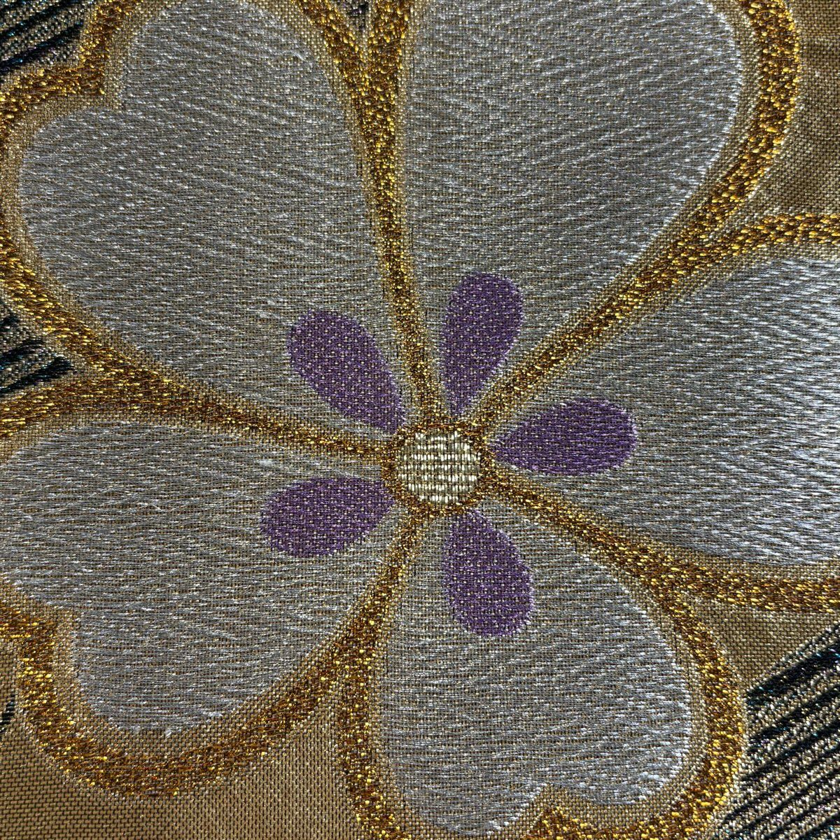 【美品】 袋帶 秀品級 櫻花 蝴蝶 唐織 金金箔 金色 六通 純蠶絲