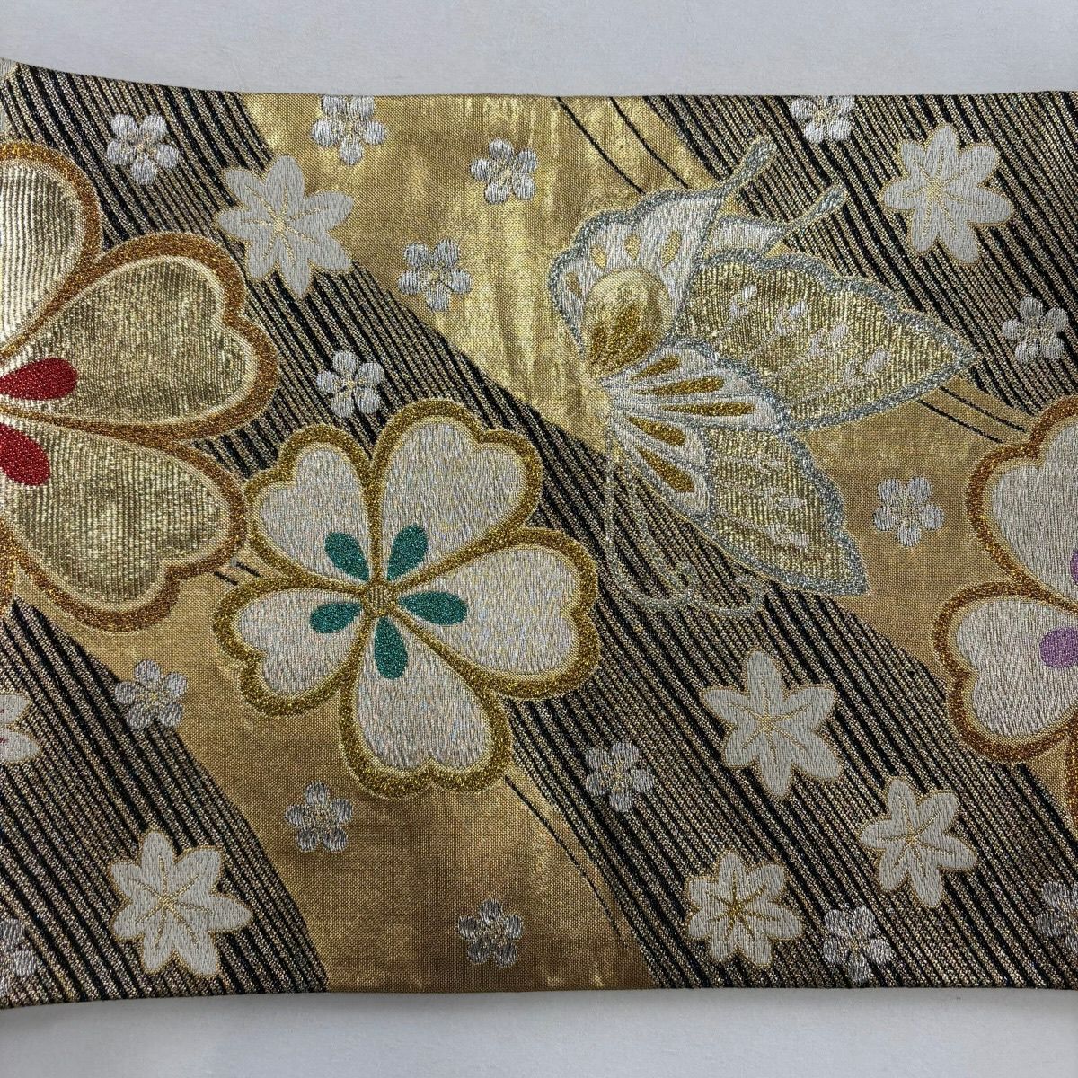 【美品】 袋帶 秀品級 櫻花 蝴蝶 唐織 金金箔 金色 六通 純蠶絲