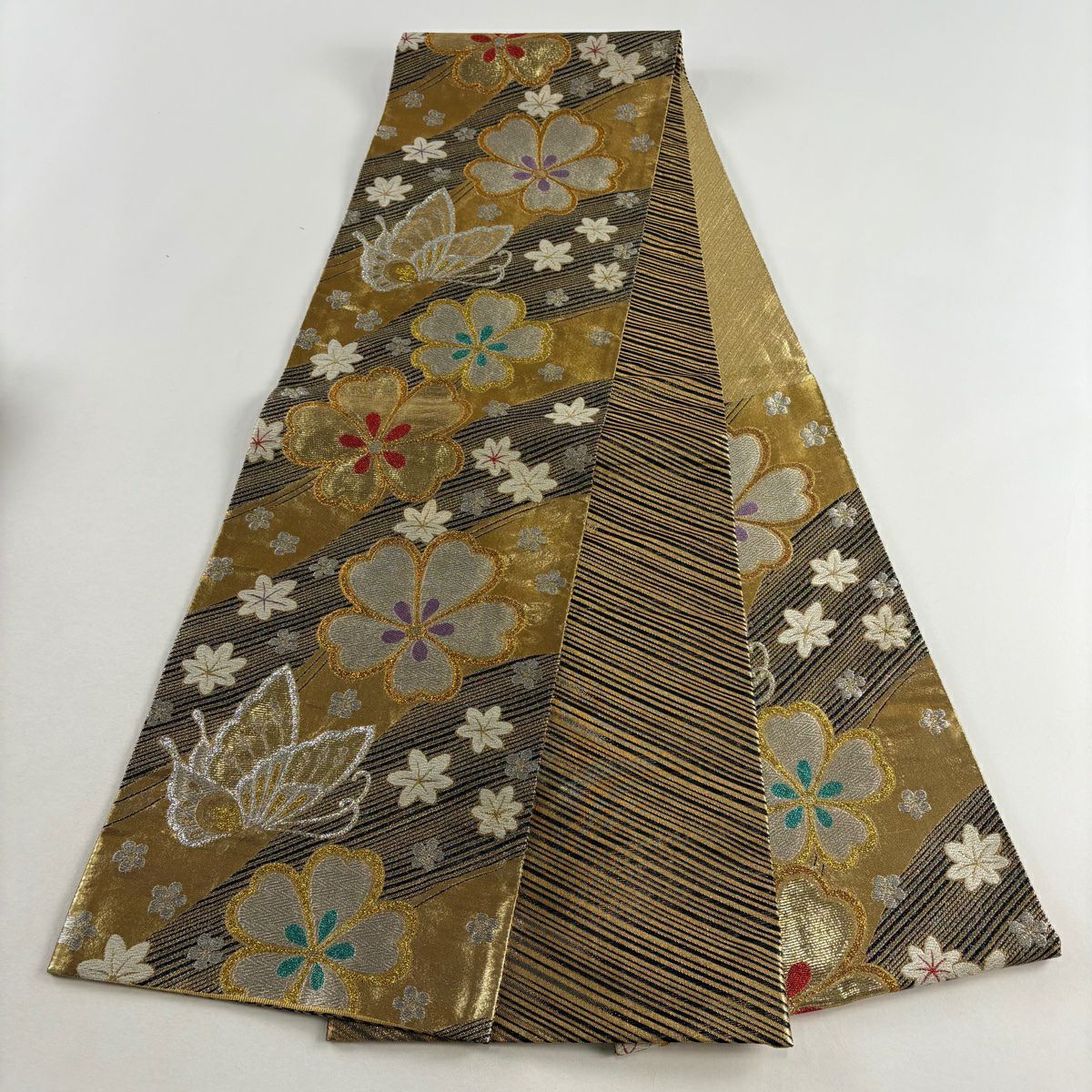 【美品】 袋帶 秀品級 櫻花 蝴蝶 唐織 金金箔 金色 六通 純蠶絲