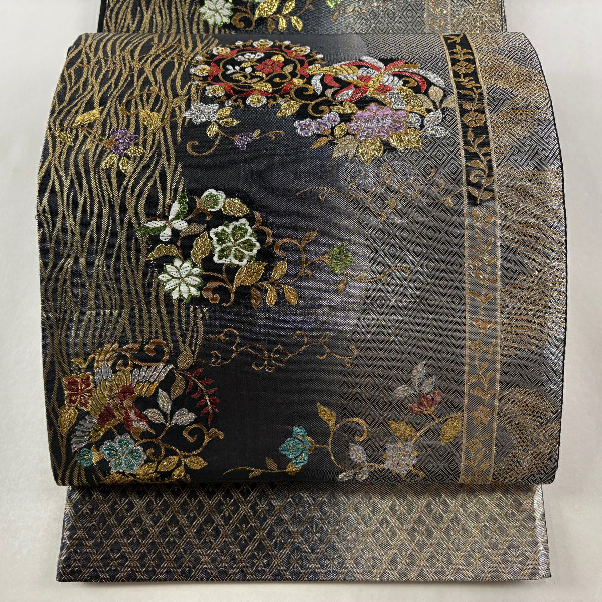 袋帶 秀品級 花唐草紋 鳥 金金箔 唐織 黑灰 六通 純蠶絲