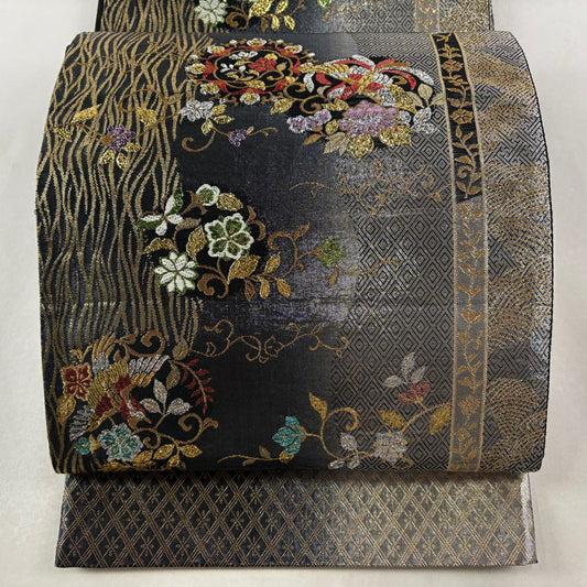 袋帶 秀品級 花唐草紋 鳥 金金箔 唐織 黑灰 六通 純蠶絲