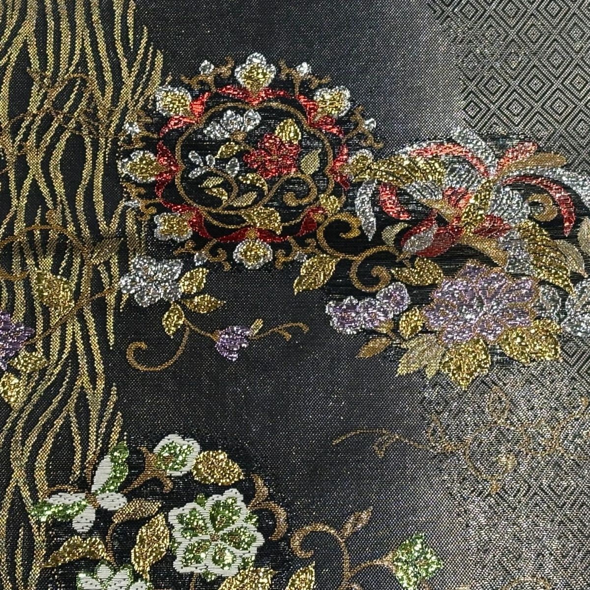 袋帶 秀品級 花唐草紋 鳥 金金箔 唐織 黑灰 六通 純蠶絲