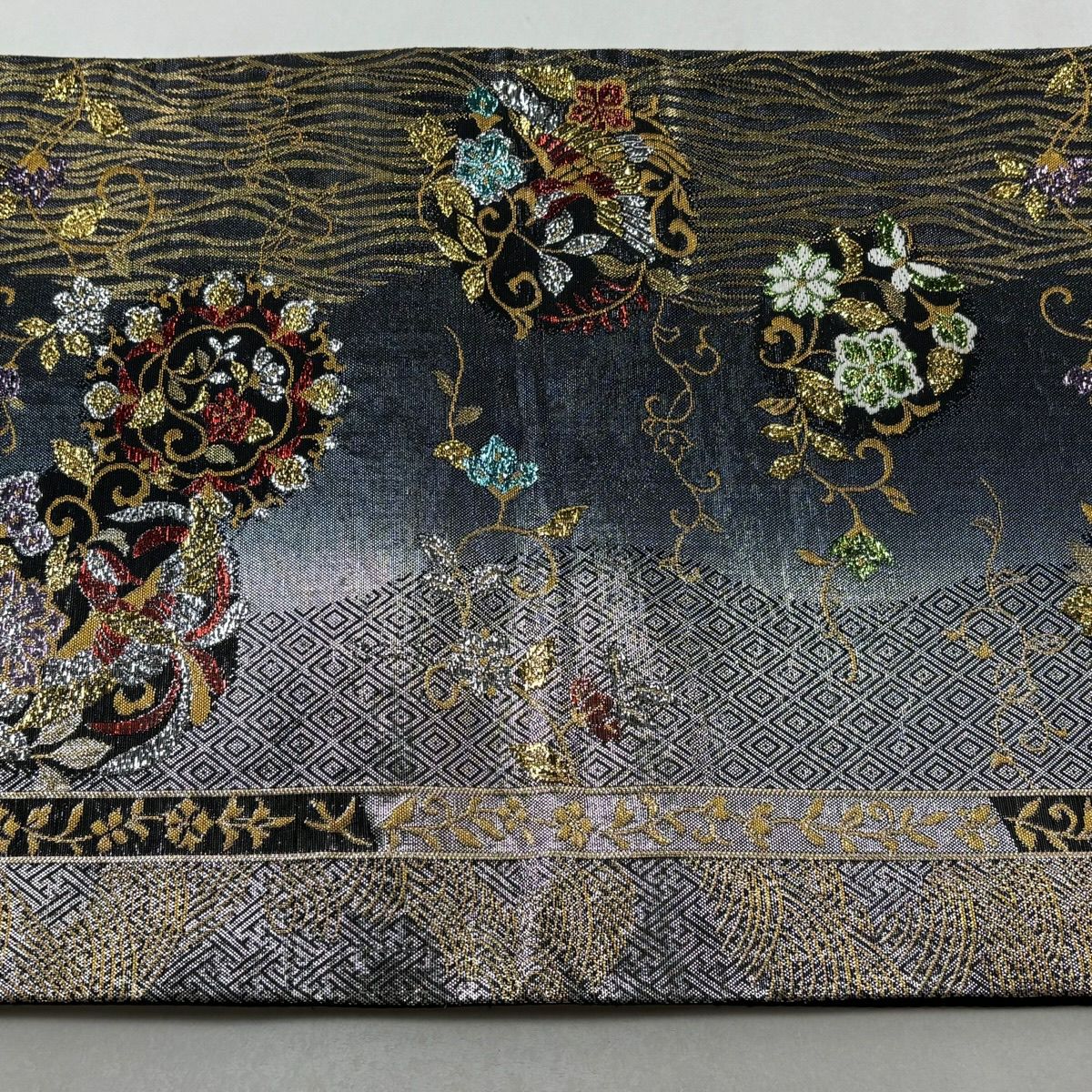 袋帶 秀品級 花唐草紋 鳥 金金箔 唐織 黑灰 六通 純蠶絲