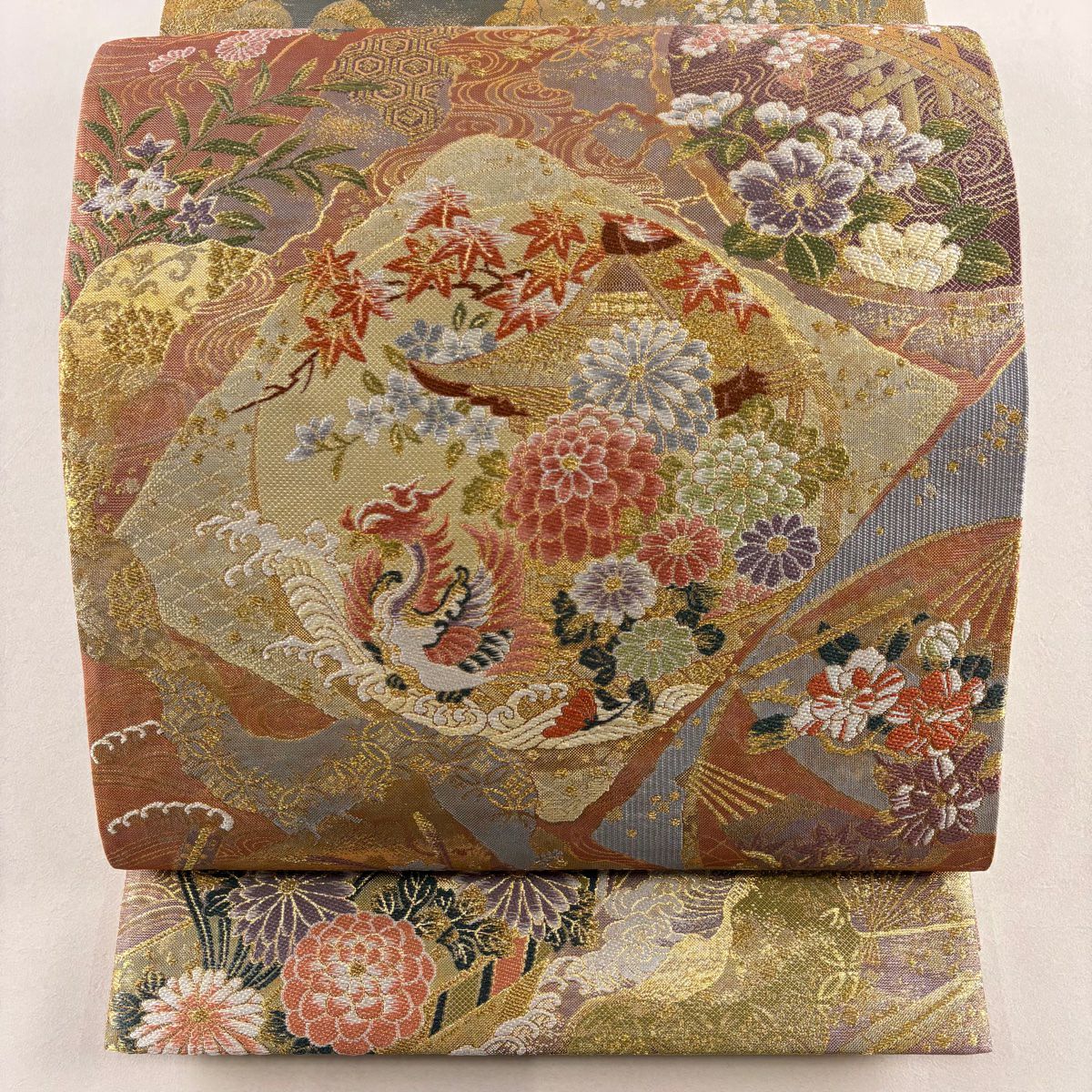 【美品】 袋帶 秀品級 花鳥 扇子 金絲 金金箔 鮭粉紅 お太鼓圖案 純蠶絲