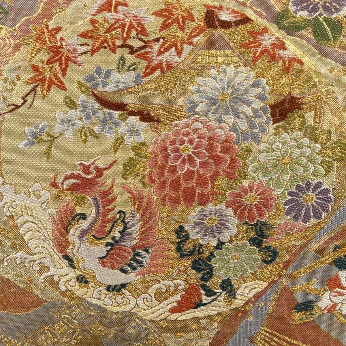 【美品】 袋帶 秀品級 花鳥 扇子 金絲 金金箔 鮭粉紅 お太鼓圖案 純蠶絲