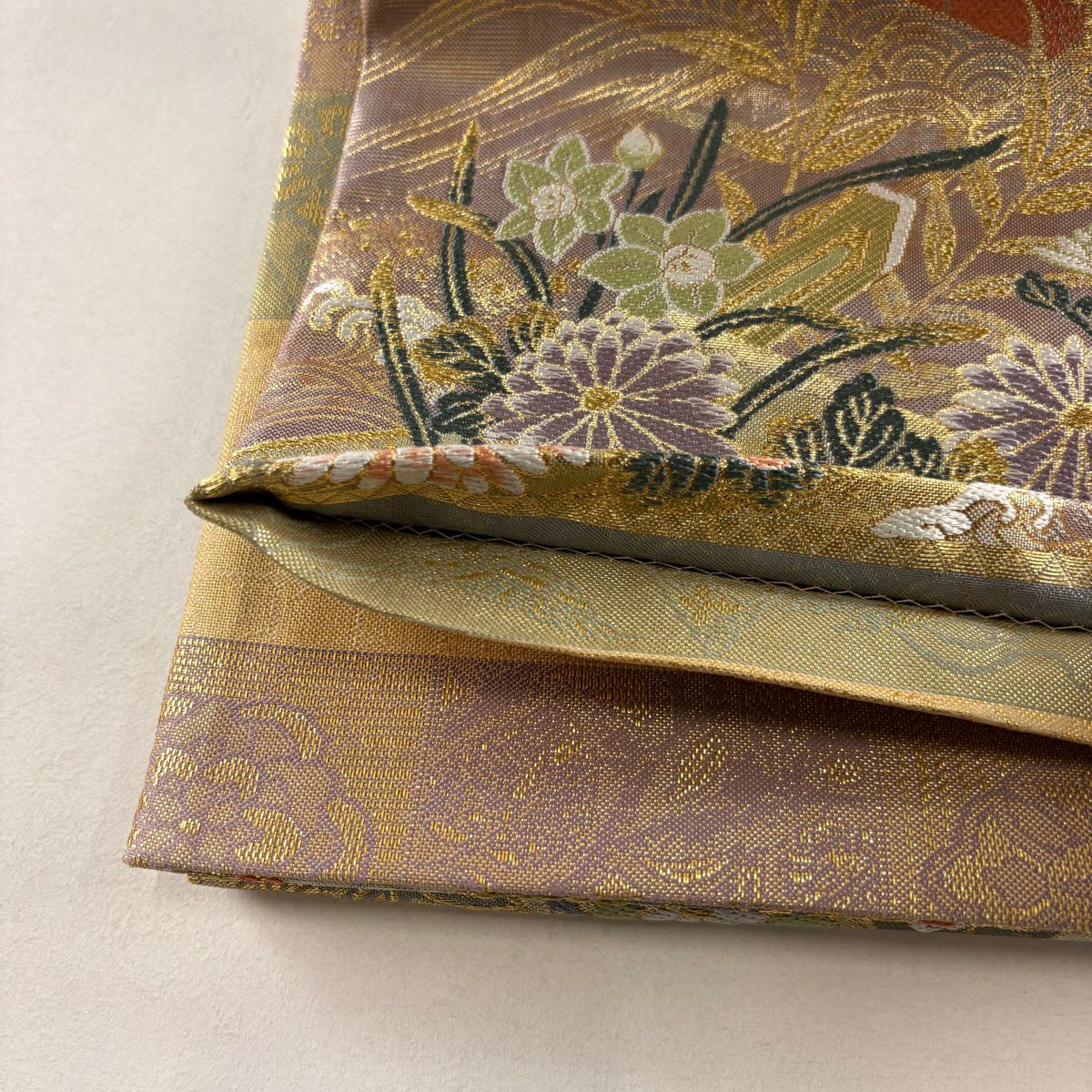 【美品】 袋帶 秀品級 花鳥 扇子 金絲 金金箔 鮭粉紅 お太鼓圖案 純蠶絲