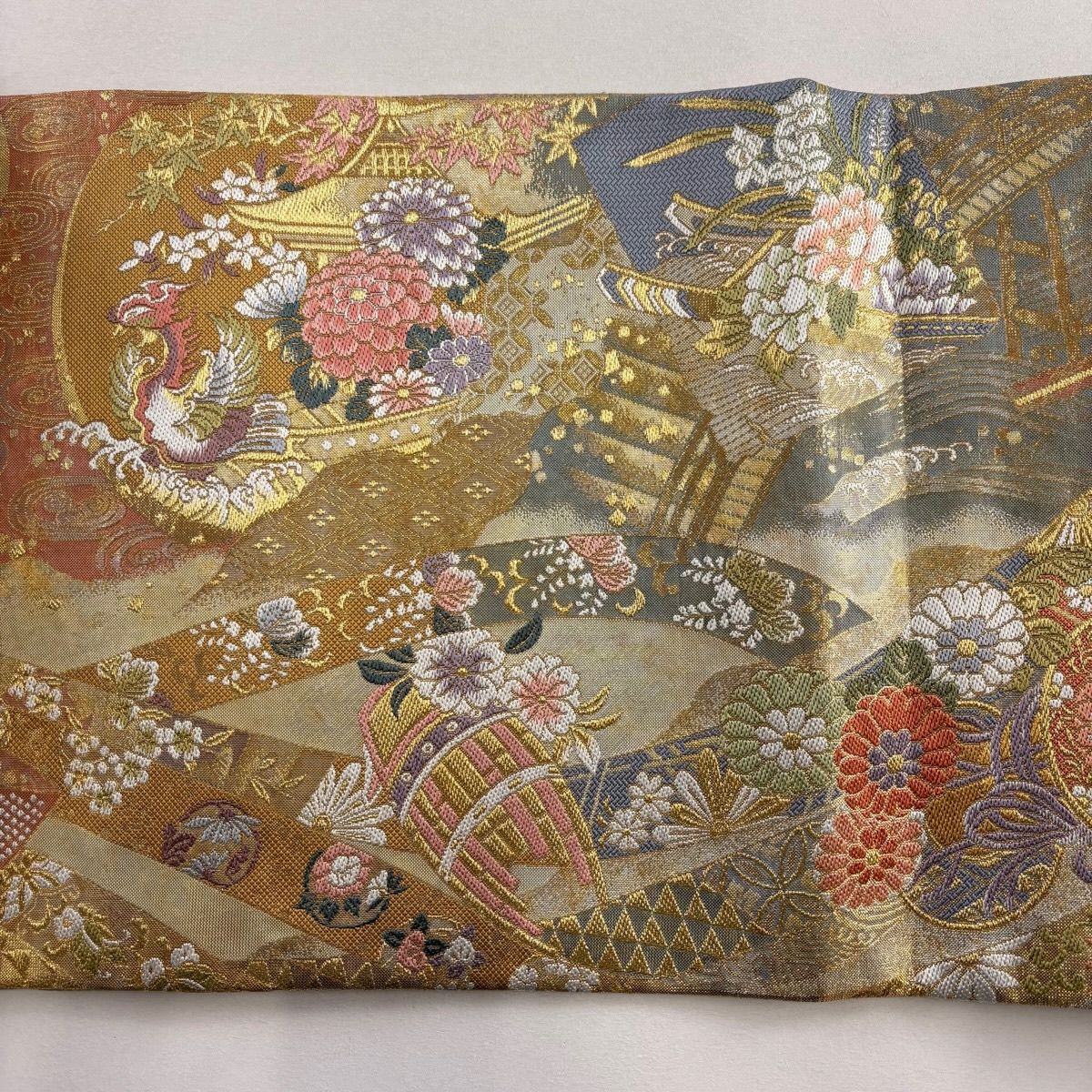 【美品】 袋帶 秀品級 花鳥 扇子 金絲 金金箔 鮭粉紅 お太鼓圖案 純蠶絲