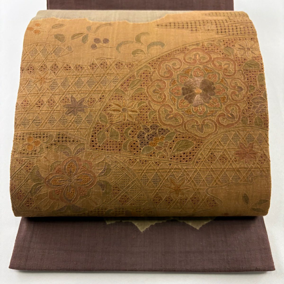 【美品】 袋帶 秀品級 紬織織 扇子面 華紋 刺繡 絞染 山吹茶 純蠶絲
