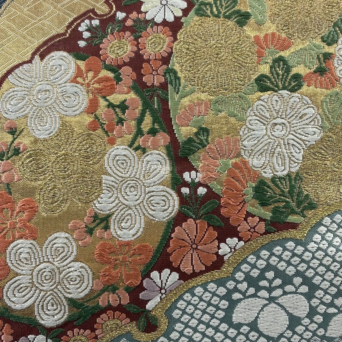 袋帶 秀品級 鈴乃屋 花丸紋 雪輪 金絲 金金箔 深藍 六通 純蠶絲