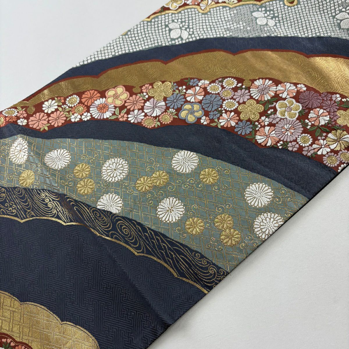 袋帶 秀品級 鈴乃屋 花丸紋 雪輪 金絲 金金箔 深藍 六通 純蠶絲