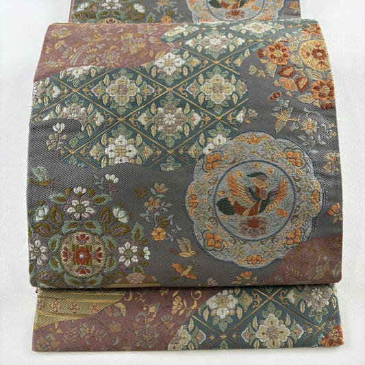 袋帶 秀品級 華紋 花鳥 金絲 金金箔 小豆 深褐 素材 純蠶絲