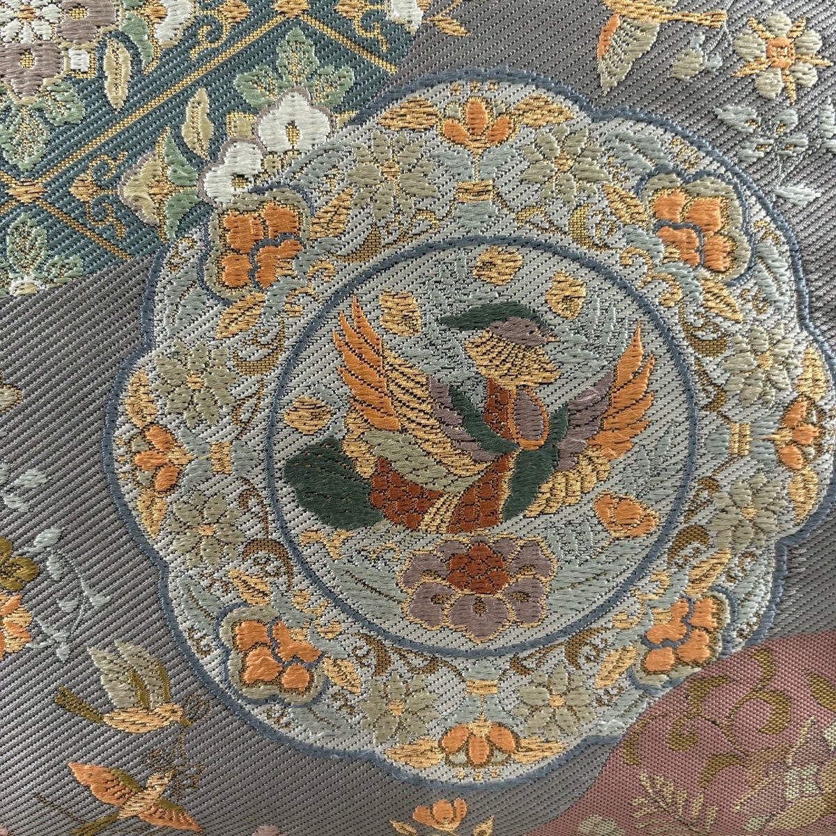 袋帶 秀品級 華紋 花鳥 金絲 金金箔 小豆 深褐 素材 純蠶絲
